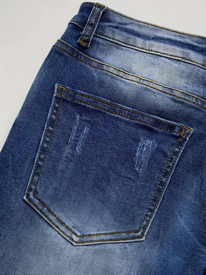 Plus Size Women's High Waist High Elastic Blue Distressed Denim Skinny Pants - Front Row Buttons, Rolled Hem, Retro Casual Oversized Comfort Trousers