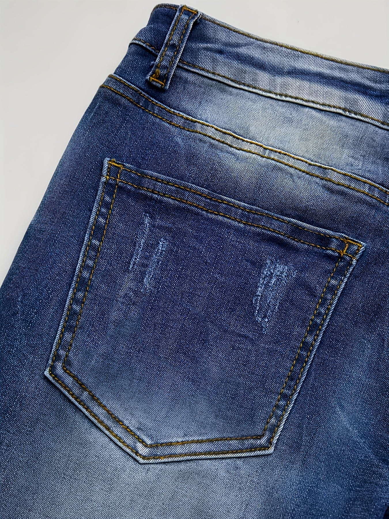 Plus Size Women's High Waist High Elastic Blue Distressed Denim Skinny Pants - Front Row Buttons, Rolled Hem, Retro Casual Oversized Comfort Trousers