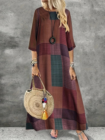 [Retro Geometric Dress] Vintage Geometric Print Women's Maxi Dress - Olive Green, Brown, And Beige Patchwork Design, Round Neck, Half Sleeves, Lightweight, Casual to Chic Style, Comfortable Outfit | Retro Geometric Dress | Earth Tone Design, Cute Dress