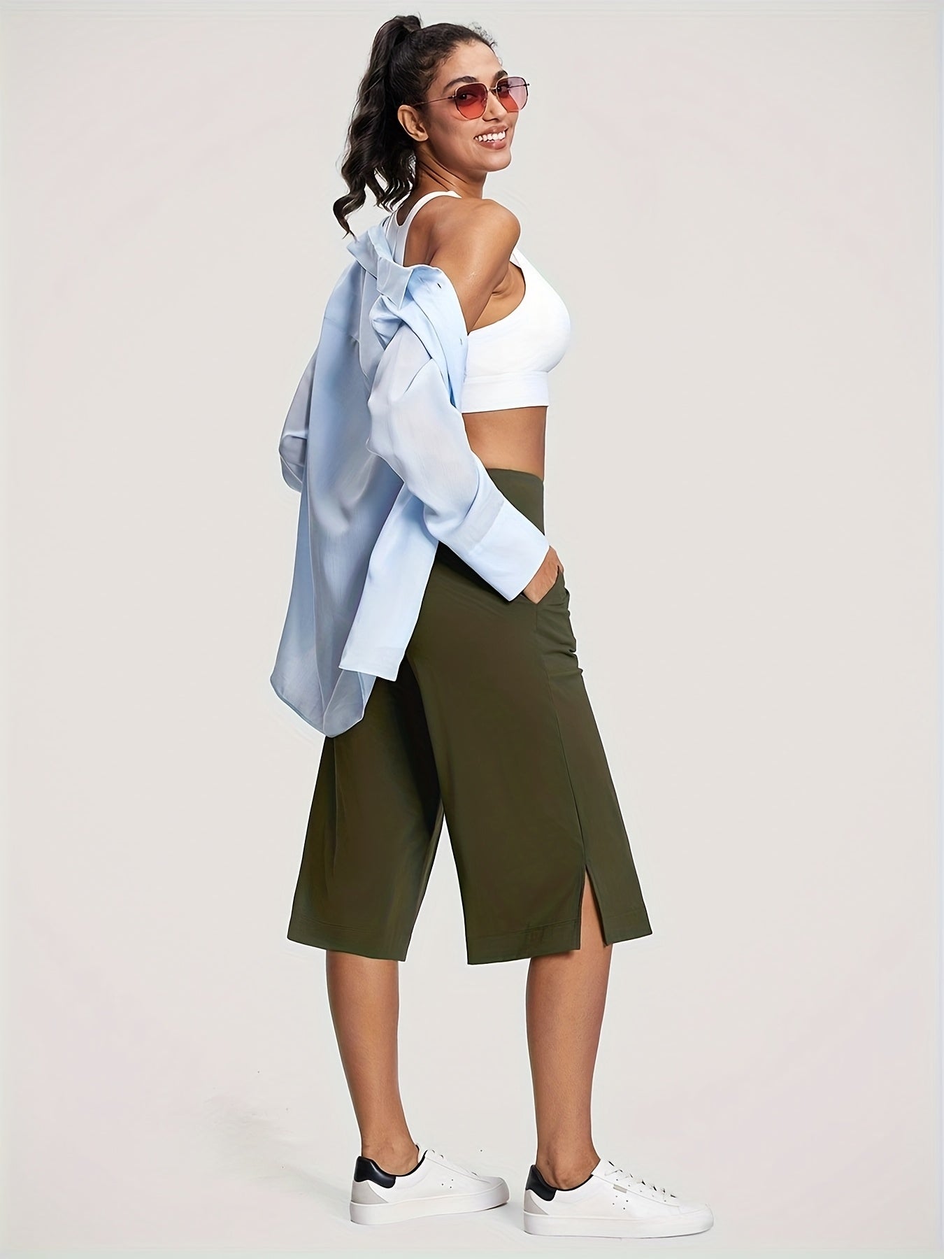 18'' Women's High-Waisted Wide Leg Yoga Capri Pants with Elastic Waist - Loose Comfortable Stretchable Soft Pants Suitable for Yoga, Workout, Casual & for Business Occasions - Spring Summer Fall Wearable with Practical Pockets (No Needed)