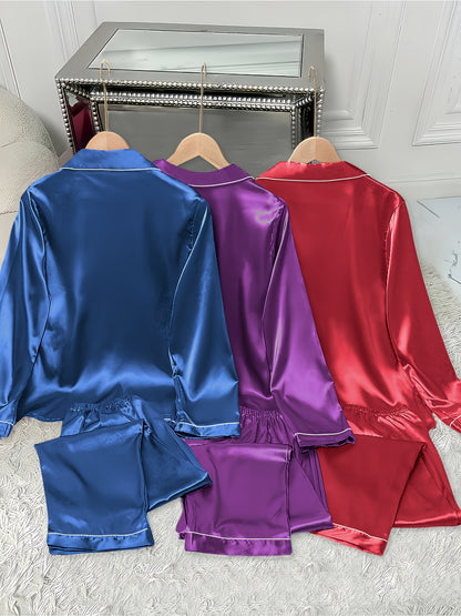 3pcs Women'S Satin Pajama Set - Casual Solid Color Long Sleeve Shirt & Elastic Waist Pants, Lapel Collar, Button Detail, Fall/Winter Sleepwear