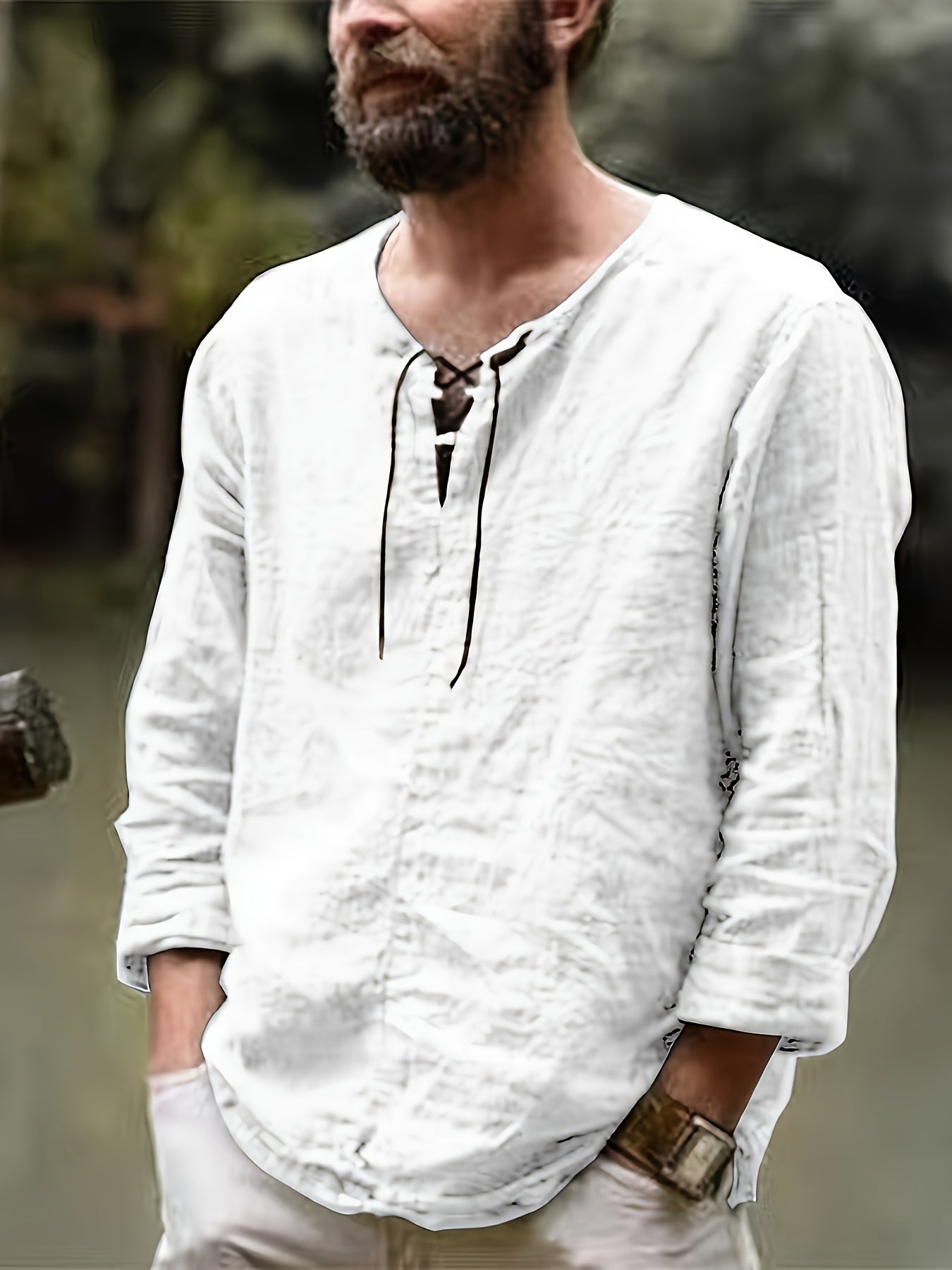Collection of 3 Lightweight Summer Shirts for Men Featuring a Trendy Retro Design, Perfect for Casual Everyday Wear with Long Sleeves And a V-Neck Lace-Up Style