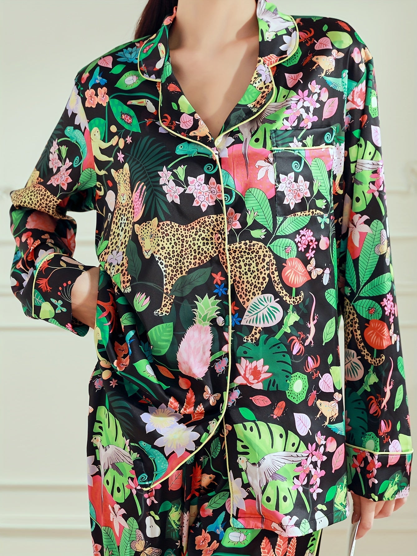 Women's Tropical Leopard Print Pajamas, Y Soft Breathable Cool Sleepwear Set, Long Sleeve Top & Pants, Loungewear for Home & Daily Outings