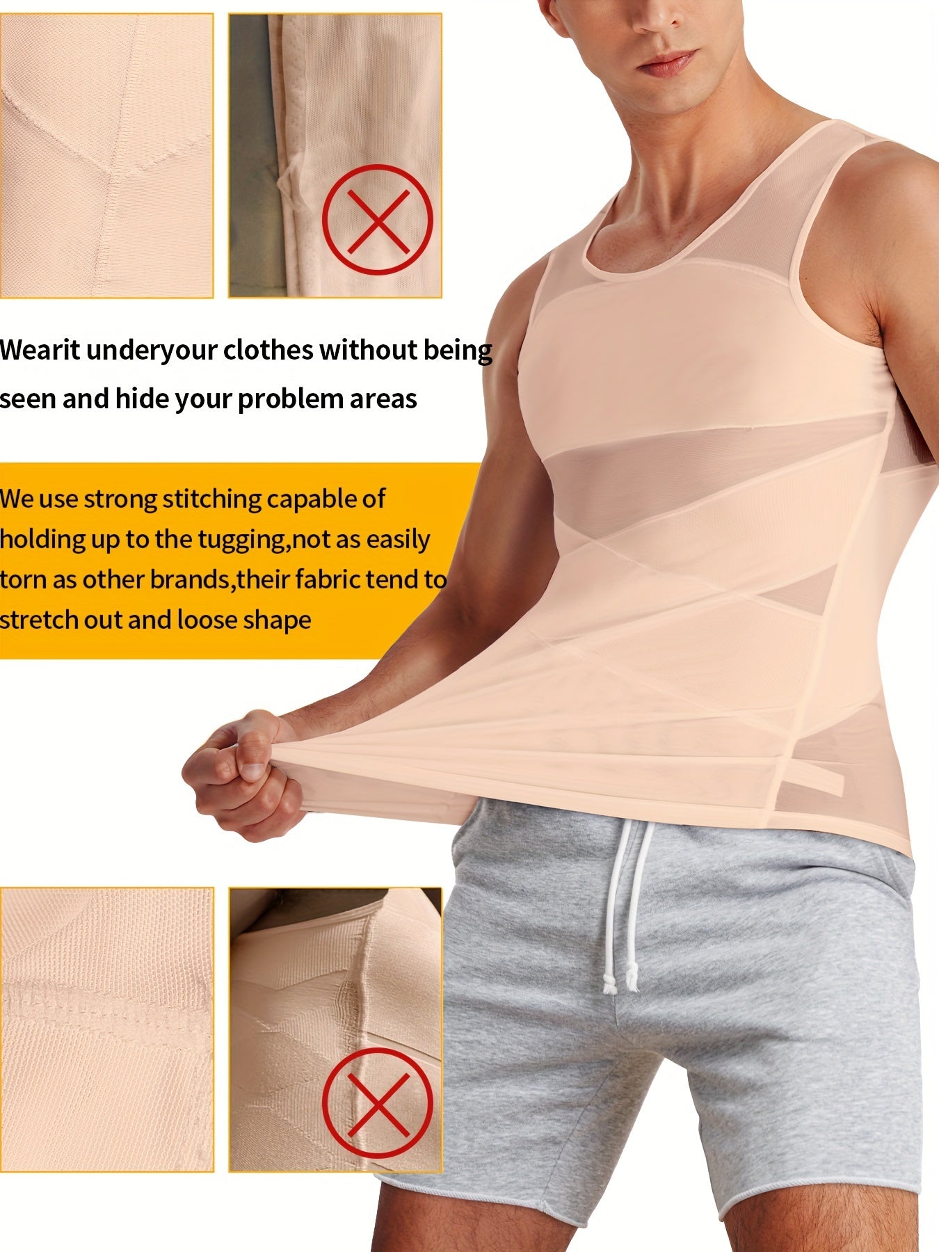 JUNLAN Men'S Compression Shirt | Breathable Double Cross Body Shaper Slimming Vest Tight Tummy Underwear Tank Top | High Stretch Fabric, Crew Neck, Solid Color, Casual Style