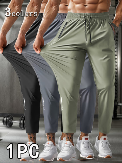 Men's High-Elasticity 7/8 Length Athletic Pants with Drawstring Waist & Zipper Pockets - Moisture-Wicking Workout Joggers for Gym, Running, Casual Wear - 3 Colors (Grey/Green/Black) - Spring Summer Fall Training Pants