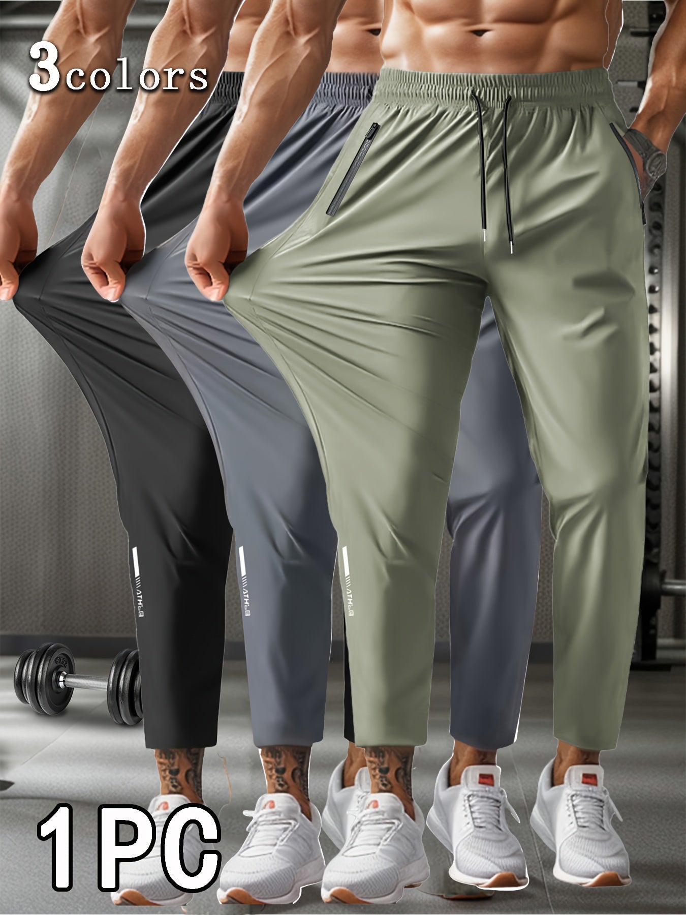 Men's High-Elasticity 7/8 Length Athletic Pants with Drawstring Waist & Zipper Pockets - Moisture-Wicking Workout Joggers for Gym, Running, Casual Wear - 3 Colors (Grey/Green/Black) - Spring Summer Fall Training Pants