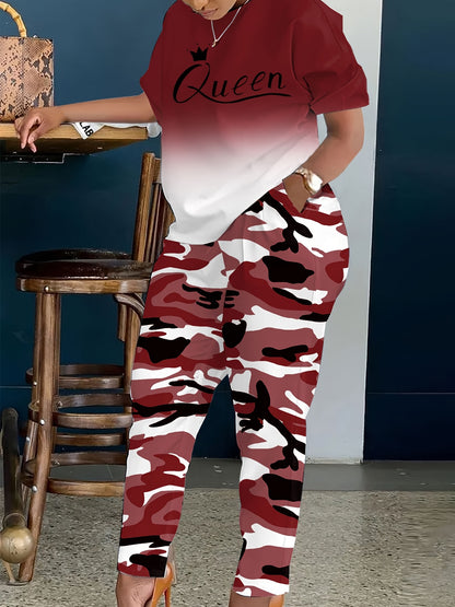 Plus Size - LADIES' Plus Size Daily Fashion Casual Set: Letter Print Crew Neck Short Sleeve T-shirt + Camouflage Long Pants With Pockets
