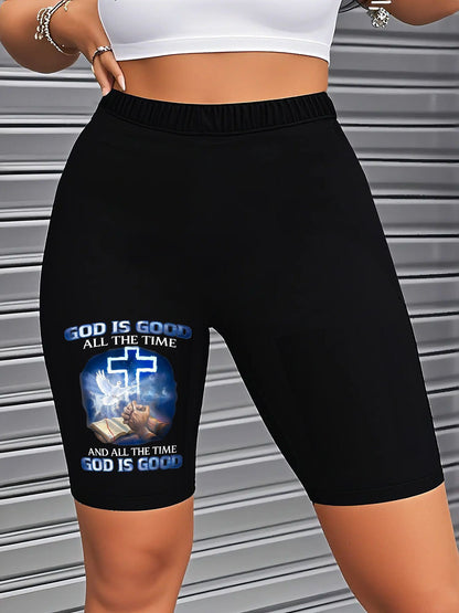 Women's Christian Leggings "God Is Good Forever" with Cross Pattern- Non-See-Through Religious Pants, Soft Stretch Fabric Suitable for,, Casual Wear- Faith S Shorts, Tops, Inspirational Clothing, Breathable Materia