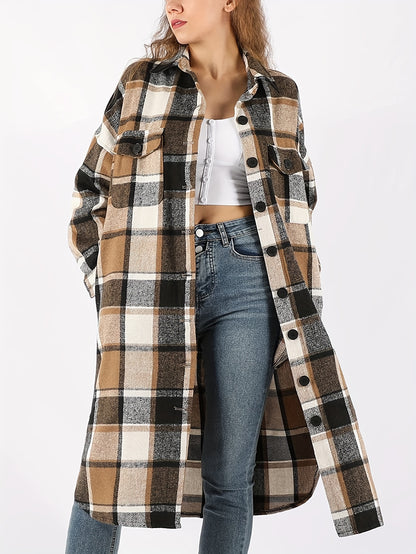 Womens Casual Plaid Button Long Puff Sleeve Long Trench Coats Shackets