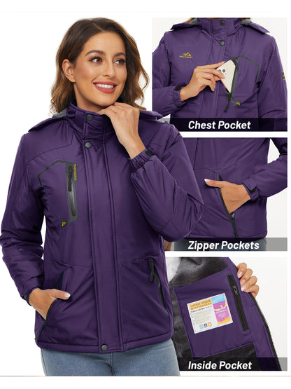 Women'S Warm Ski Jackets Winter Windproof Thermal Fleece Lined Coats Outdoor Detachable Hooded Heavy Weight Thick Jacket Camping Climbing Traveling Snowboard Windbreaker