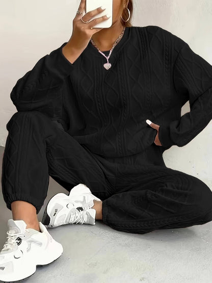 Plus Size Women's Twisted Texture Two-Piece Set, Comfortable Round Neck Top and Ankle-Length Pants Set, Autumn and Winter Casual Fashion Outfit