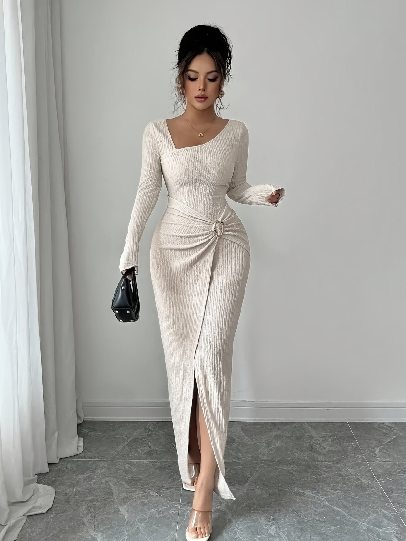Women'S Solid Color Twisted Split Maxi Dress Asymmetrical Neck Slim Bodycon Fall Winter Elegant Fashion Dress