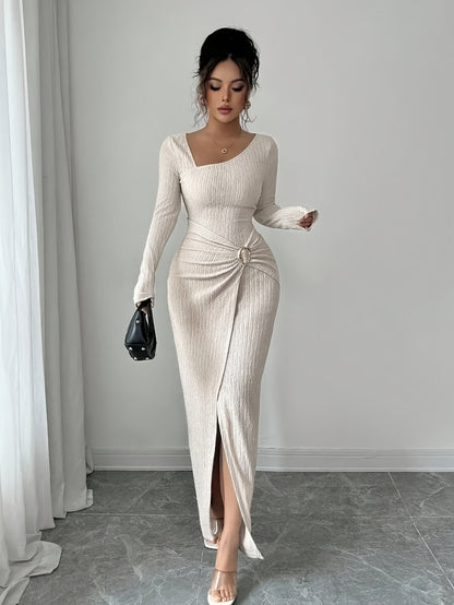 Women'S Solid Color Twisted Split Maxi Dress Asymmetrical Neck Slim Bodycon Fall Winter Elegant Fashion Dress