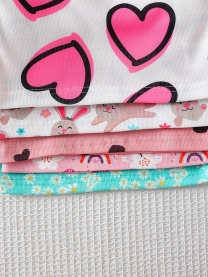 Girls' Clothing | School Season Gifts | Baby Girl Clothing | Baby Girl T-shirt | Baby Girl Spring/summer Casual Cute Flower Heart Print Long-sleeved Round-neck T-shirt (5pcs Set) | School Season | Valentine's Day