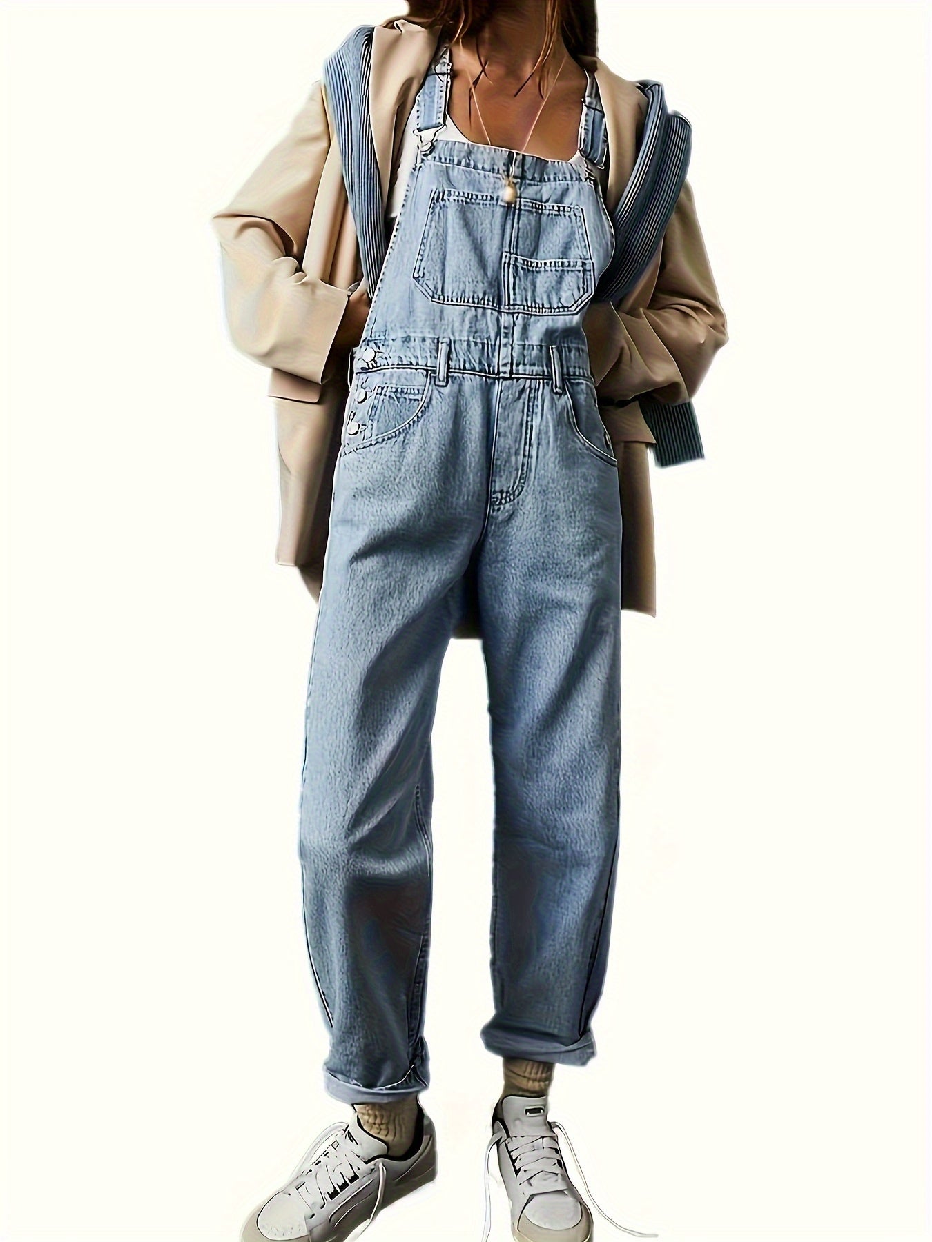 Women's Loose-fitting Straight-leg Denim Overalls Jumpsuit - Wide-leg Casual Style with Pockets, Machine Washable for Spring, Summer, And Autumn, Sizes S-XXL