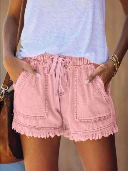 Elastic Waist High Rise Denim Shorts Women'S Hem Fringe Shorts Comfort Stretch Fit Casual Summer Bottoms