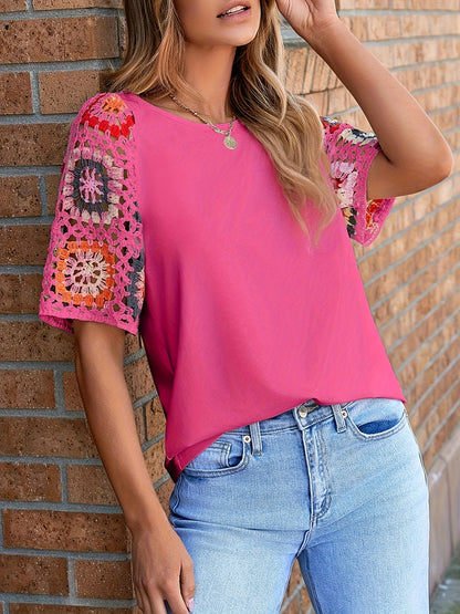 White Floral Crochet Short Sleeve Top