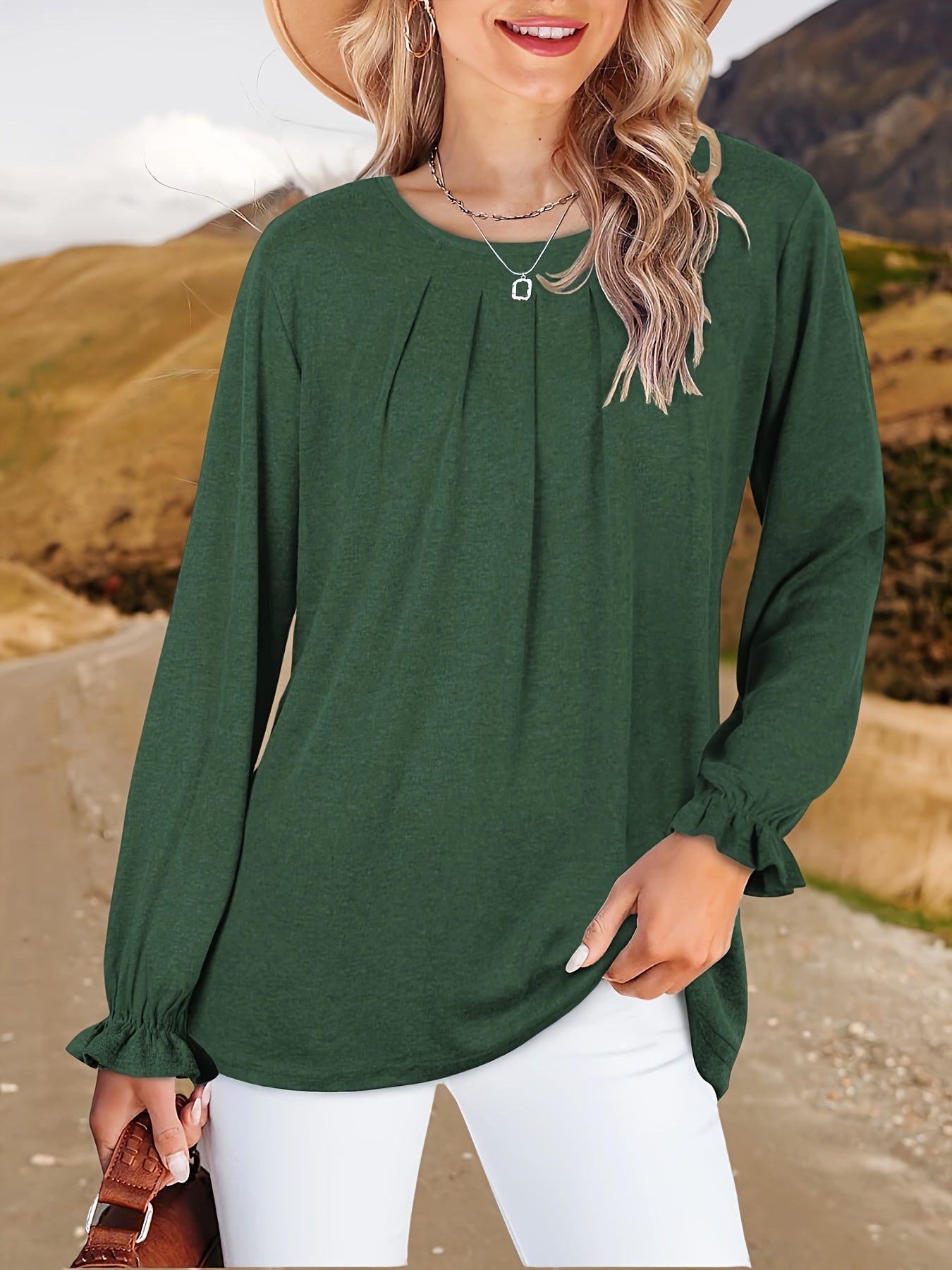 Womens Tops Dressy Casual Pleated Ruffle Long Sleeve Shirts Loose Fitting Blouses Tunic Tops
