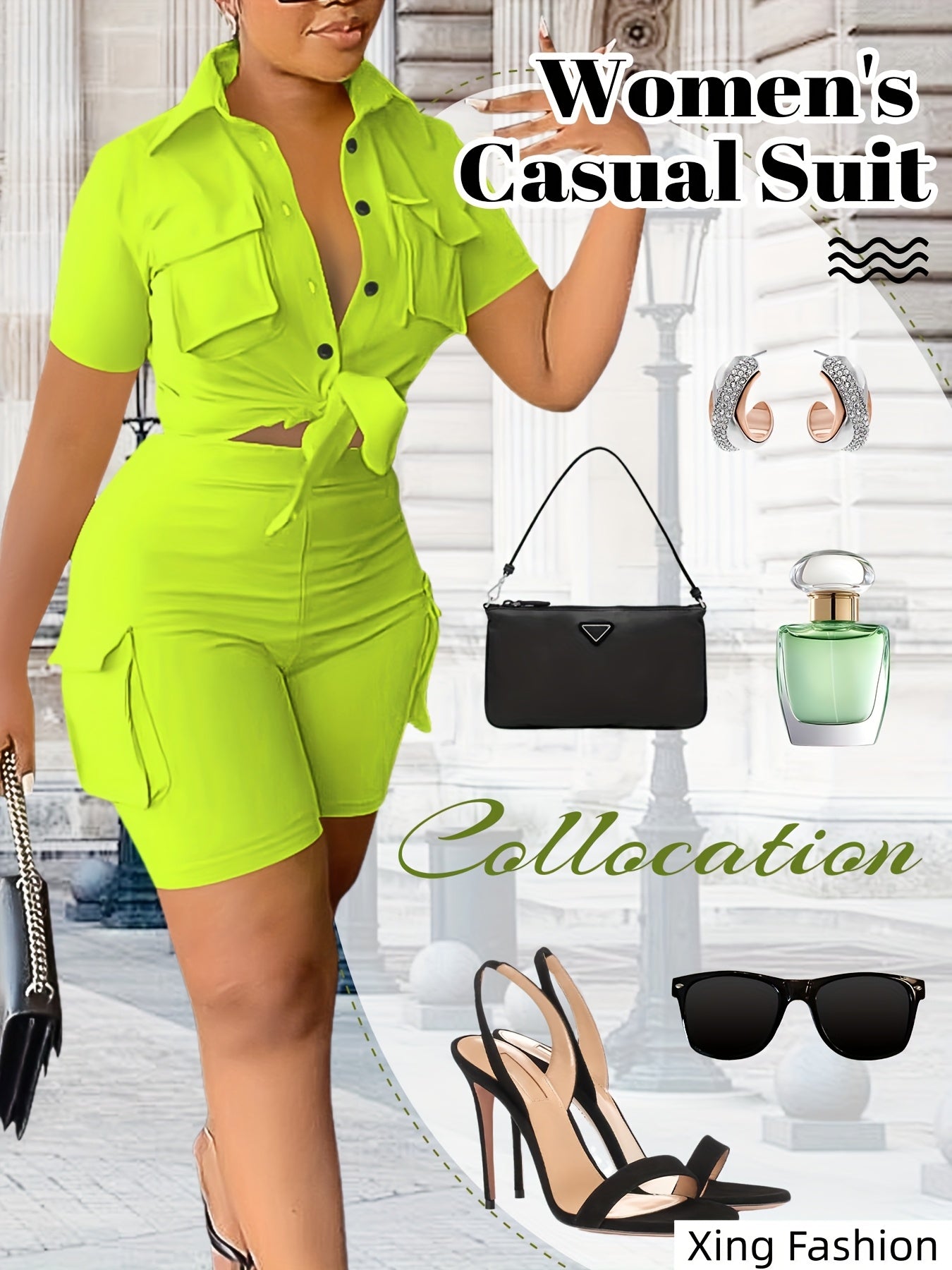 Women 2pcs Outfits Summer Casual Short Sleeve Button Top Biker Shorts with Pockets Solid Color Streetwear Set