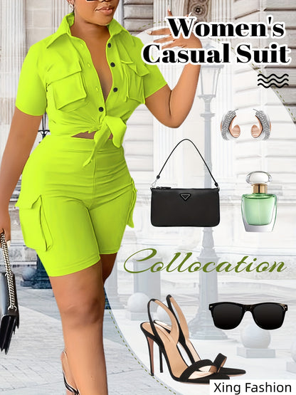 Women 2pcs Outfits Summer Casual Short Sleeve Button Top Biker Shorts with Pockets Solid Color Streetwear Set