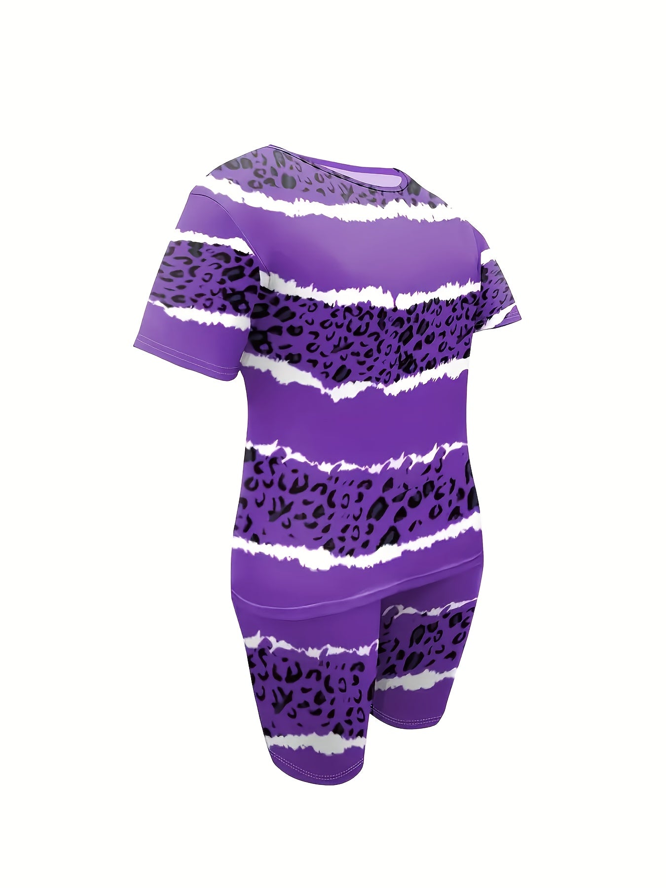 Plus Size - Ladies' Casual Leopard Short-sleeved T-shirt And Shorts Suit, With Pockets, Medium Elastic Fabric, Daily Casual Striped Suit.