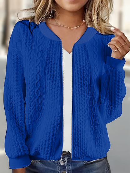 Plus Size, Plus Size Zip Up Textured Solid Jacket, Casual Long Sleeve Outerwear for Fall & Spring, Women's Plus Size Clothing