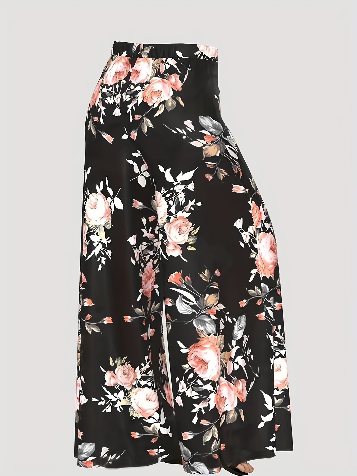 Plus Size - New Women'S Solid Color Top And Printed Pants Chiffon Fashion Style Set Top And Pants Two Piece Set