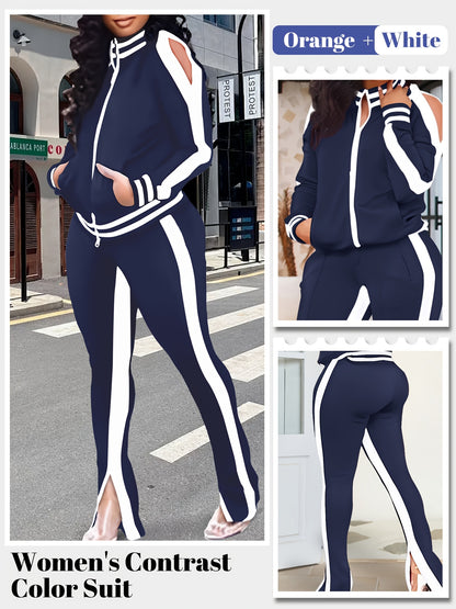 Women's 2pcs Athletic Tracksuit Set, Striped Contrast Shoulder Slit Top & Zipper Hem Sporty Pants, Activewear Lounge Set