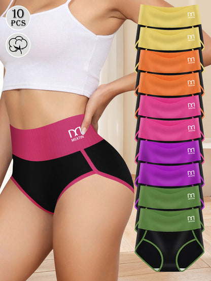 QUASTI 10-Pack Women'S High-Waisted Tummy Control Underwear - Soft Seamless Briefs with Full Coverage And Elastic Contrast Color Bands, Comfortable Everyday Wear, Breathable Fabric, Stylish& Practical Daily Panties