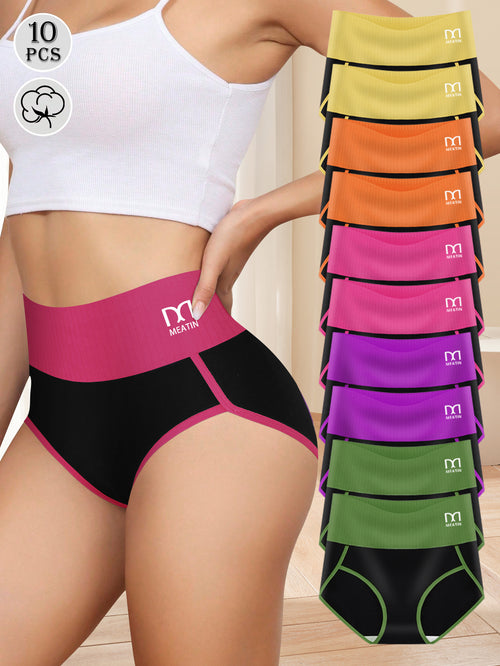 QUASTI 10-Pack Women'S High-Waisted Tummy Control Underwear - Soft Seamless Briefs with Full Coverage And Elastic Contrast Color Bands, Comfortable Everyday Wear, Breathable Fabric, Stylish& Practical Daily Panties