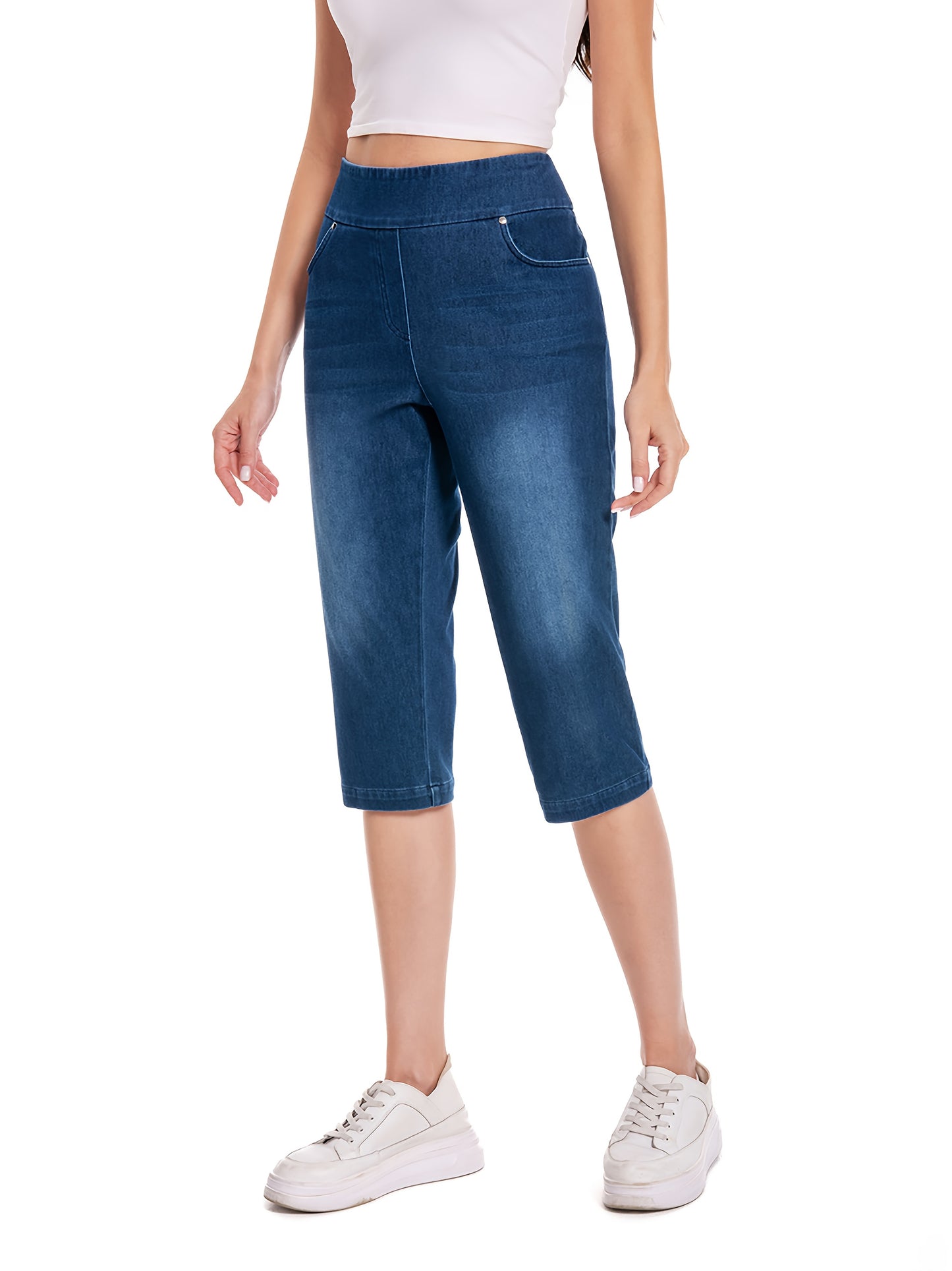 Lady Pull on Denim Capri with Pocket And Rivet Super Soft And Stretch