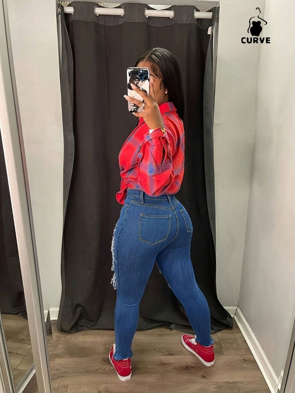 Women's Skinny Jeans - Medium Blue Distressed