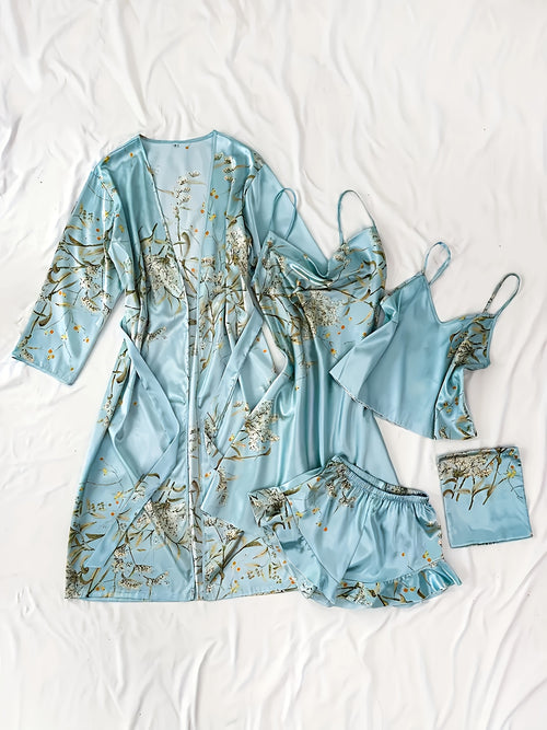 Women'S Printed Pajamas Set - Set (Including Robe, Short Suspender, Shorts And Skirt), Cherry Printed Pajamas, Loose, Soft And Comfortable
