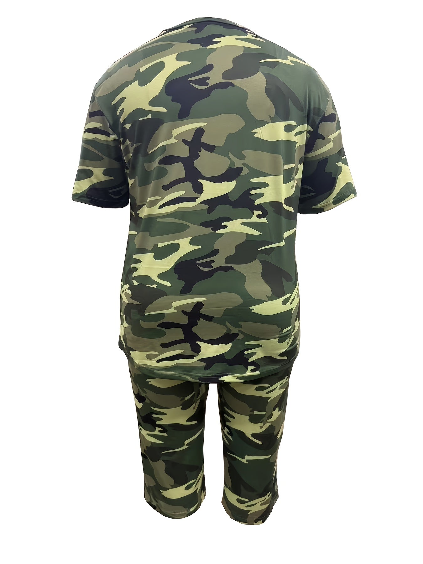 Plus Size - Plus Size - Women'S Plus Size Fashion: Camouflage Print T-Shirt with Round Neck And Cropped Pants Set, Casual Two-Piece Outfit