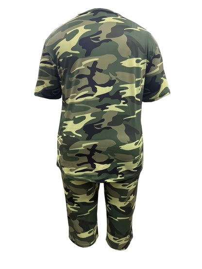 Plus Size - Plus Size - Women'S Plus Size Fashion: Camouflage Print T-Shirt with Round Neck And Cropped Pants Set, Casual Two-Piece Outfit