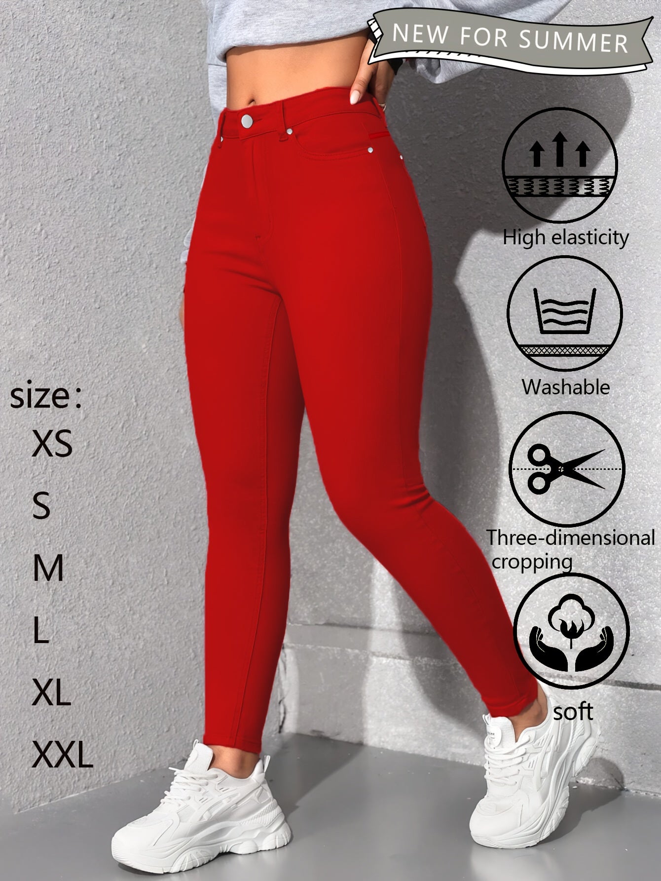 Womens Red High Waisted Skinny Jeans with Multiple Rivet Details High Elasticity Stretch Denim Pants Tummy Control Slim Fit Booty Lifting Design Soft Comfortable Machine Washable Summer New Arrival Casual Casual Attire Versatile Wardrobe Essential