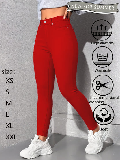 Womens Red High Waisted Skinny Jeans with Multiple Rivet Details High Elasticity Stretch Denim Pants Tummy Control Slim Fit Booty Lifting Design Soft Comfortable Machine Washable Summer New Arrival Casual Casual Attire Versatile Wardrobe Essential