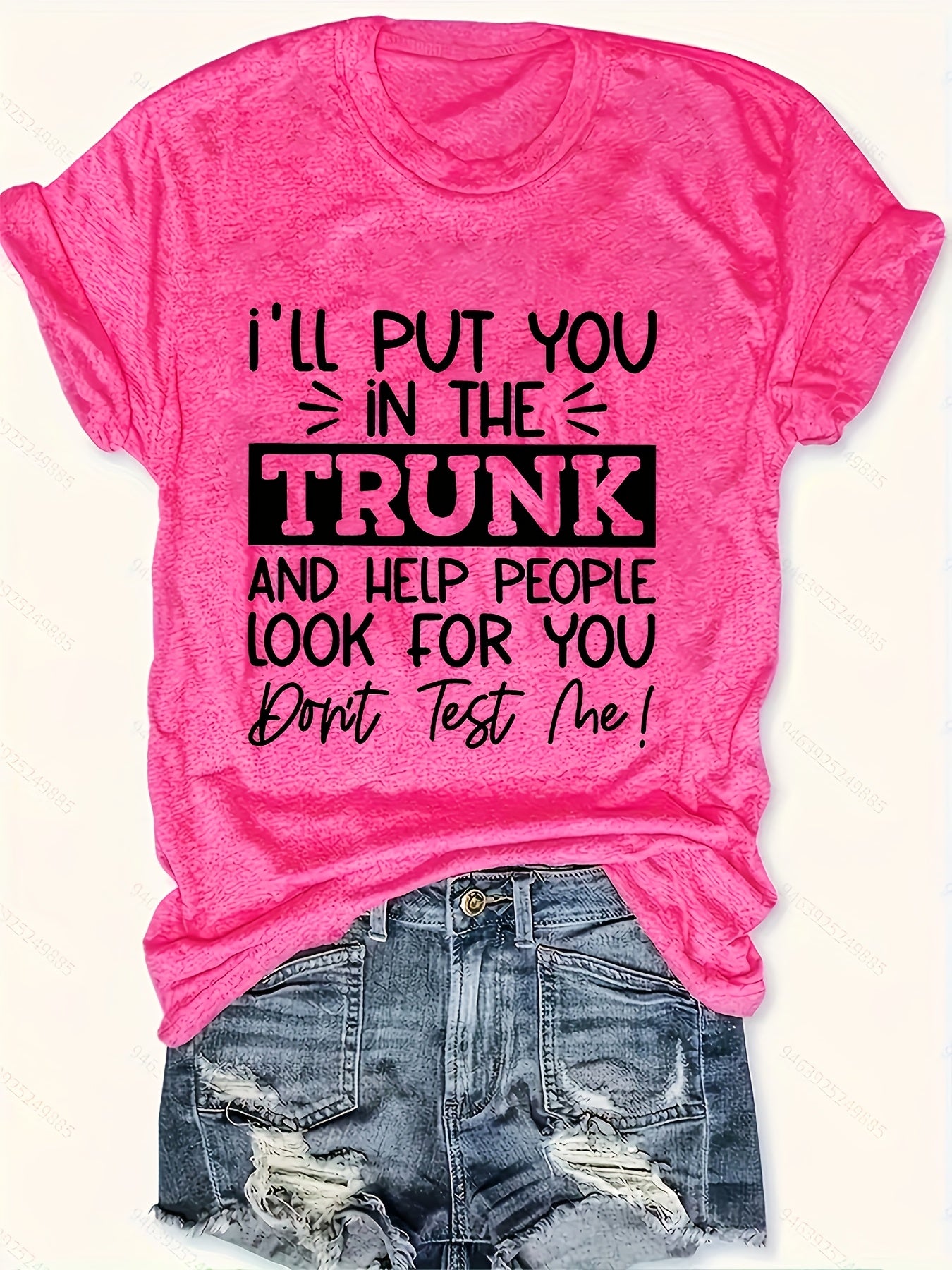 Plus Size Women'S Funny Slogan Crew Neck T-Shirt - "I'll Put You in the Trunk" Humorous Print, Stretchy Casual Short Sleeve Tee, Machine Washable White Top for Casual Attire, Ladies T Shirts