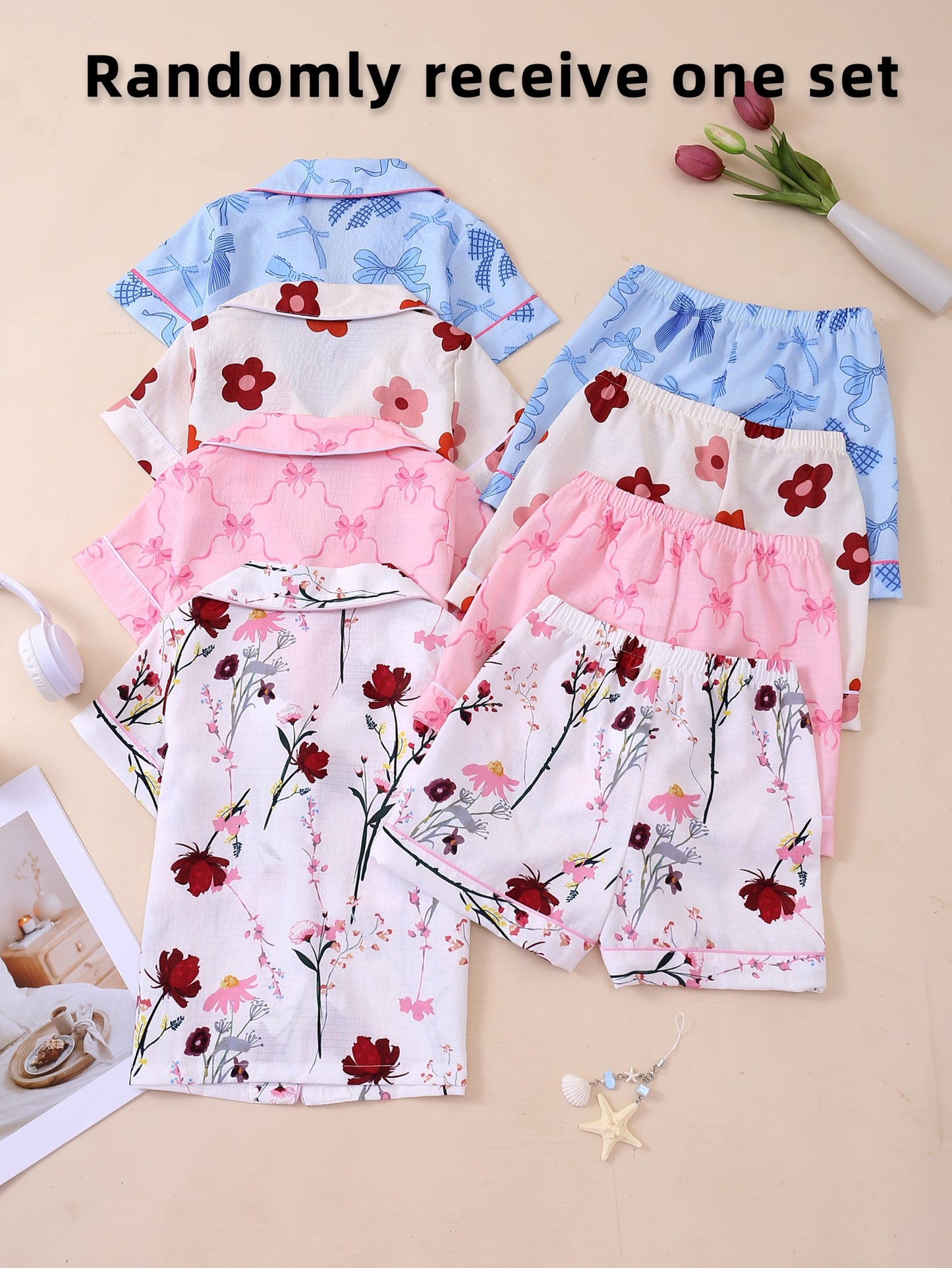 Random 1 Set Delivery! Girls' Collared Short-Sleeve And Shorts Pajama Set, Bows, Red Flowers, Pink Bows, Floral Prints. Elastic-Waist Loungewear, Bubble-Wrinkle Flame-Retardant Fabric, Comfortable And Skin-Friendly