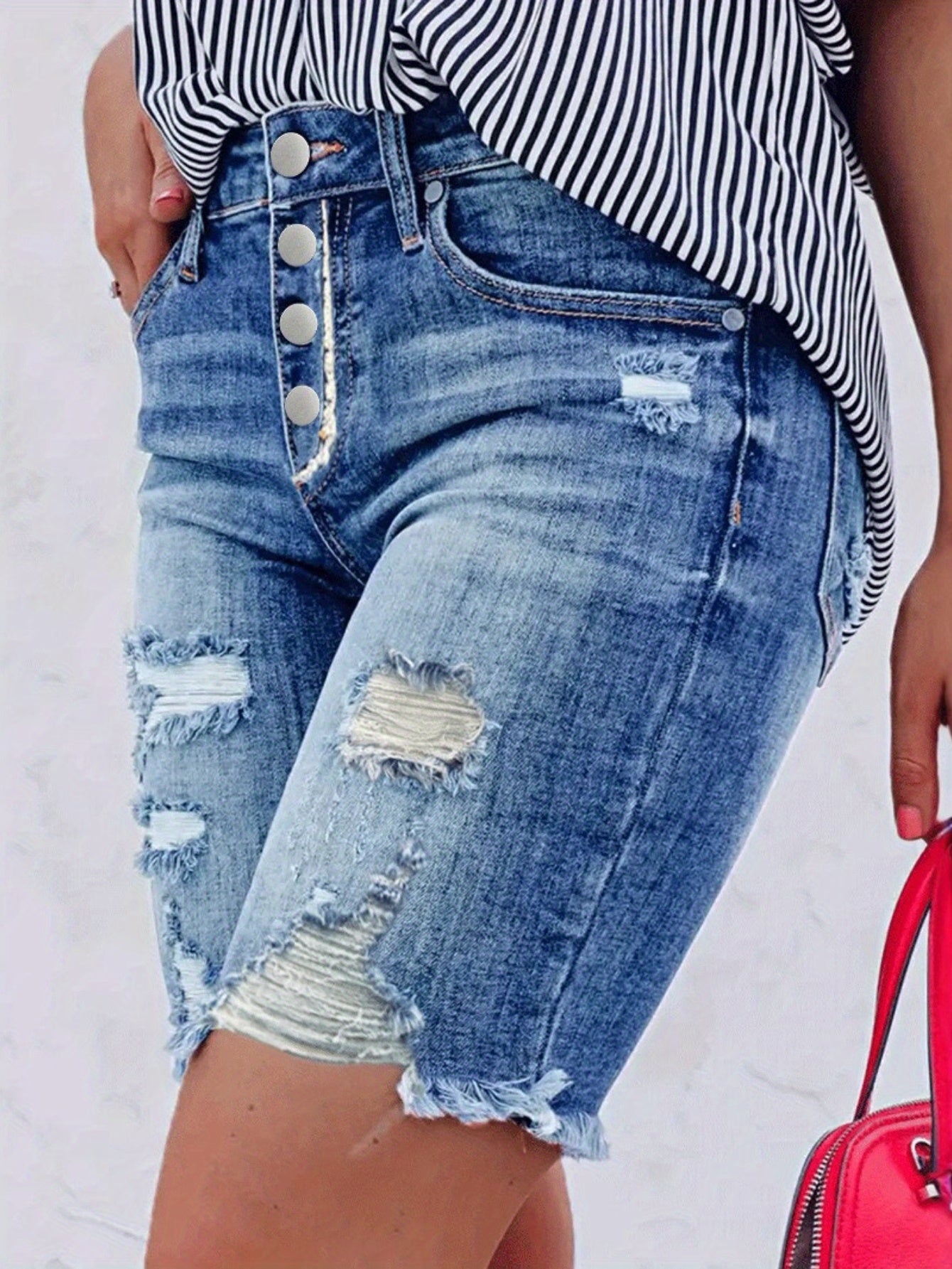 2025 Sister Xia's Women's Ripped Stretch Denim Shorts - High-Quality Street Style Distressed Knee-Length Elastic Waist Casual Summer Shorts, Machine Washable, Relaxed Outfit, Durable Fabric