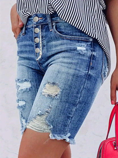 2025 Sister Xia's Women's Ripped Stretch Denim Shorts - High-Quality Street Style Distressed Knee-Length Elastic Waist Casual Summer Shorts, Machine Washable, Relaxed Outfit, Durable Fabric