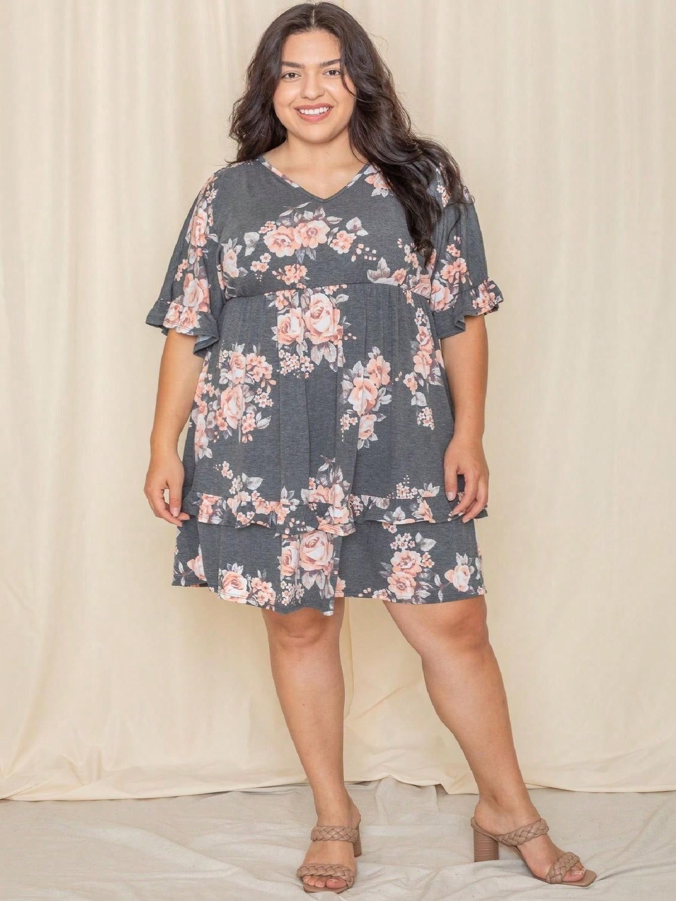 Vintage Boho Navy Pink Yellow White Charcoal Floral Ruffle flutter Trim Midi Dress S-3X