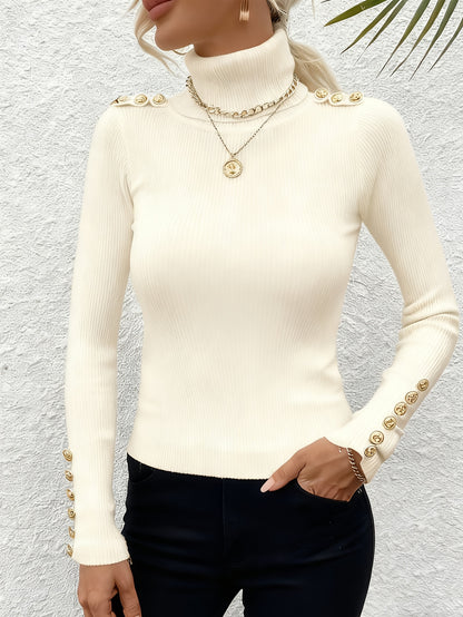 This White Fitted Turtleneck Top Features a Double Row of Metallic Buttons on The Shoulders, Making It a Chic And Versatile Piece for Autumn And Winter, Perfect for Everyday Wear And a Refined Addition to Your Wardrobe