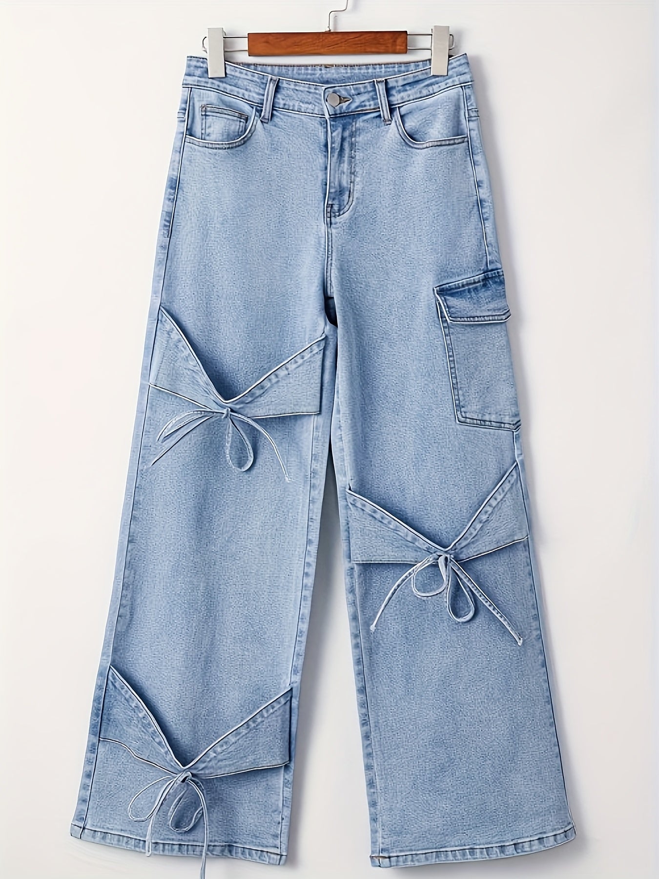Women'S Plus Size Denim Clothing Bow Tie Side Large Pocket Denim Straight Trousers