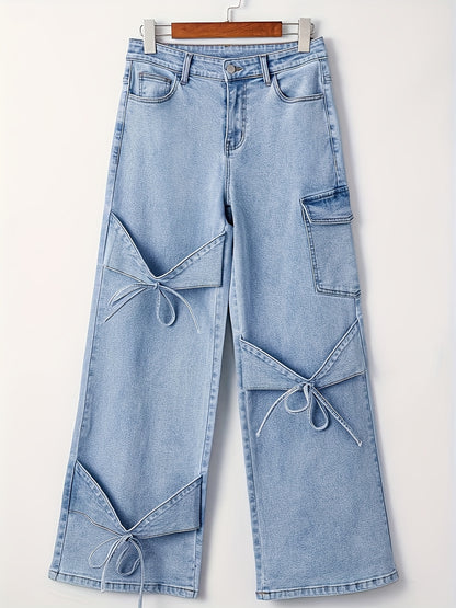 Women'S Plus Size Denim Clothing Bow Tie Side Large Pocket Denim Straight Trousers