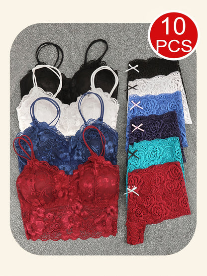 10pcs Of Women'S Underwear And Panties Combination Set Without Steel Rims, Comfortable Daily Exquisite Lace Bra Base, Beautiful Back, Seamless Suspender With Chest Cushion, Detachable Bra, Lace Underwear, Women'S Underwear And Panties