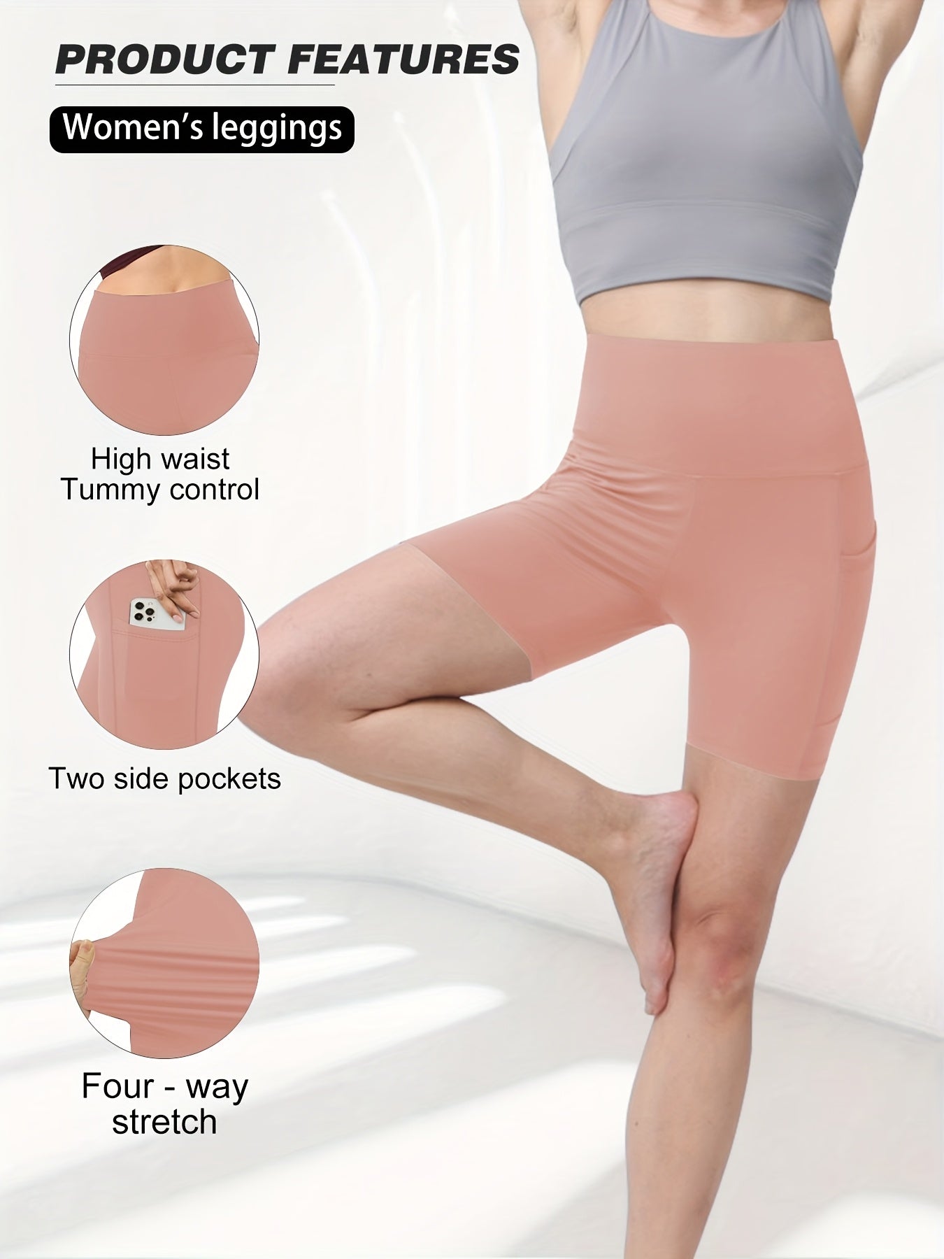 1pc Women's High-Waisted Yoga Shorts with Tummy Control & Pockets - Breathable Workout Gym Shorts, Tight-Fitting Low-Rise Athletic Pants for Summer, Gymnastics, Training (Black/Grey/Navy/Pink/ Brown) - Non-See-Through Quick-Dry