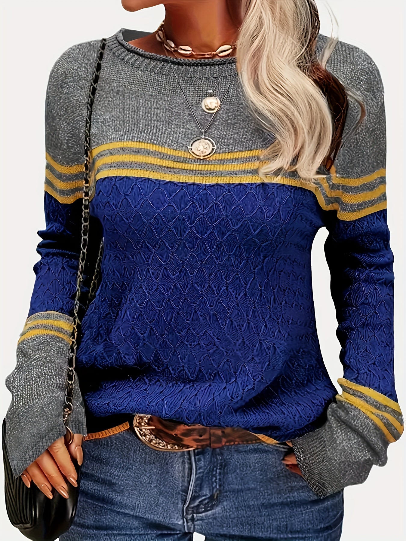 Women'S Color-Blocked Striped Round-Neck Long-Sleeve Top, Made from Comfortable And Warm Fabric, Perfect for Casual Elegance, Stylish Gatherings, And Festive Gifts for Autumn And Winter