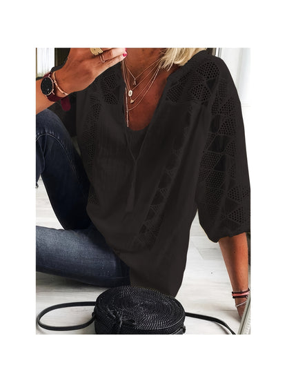 Plus Size - Plus Size - Plus Size Women'S 3/4 Sleeve Lined Tunic Top - Light Gray V-Neck Casual Loose Fit Shirt with Geometric Eyelet Detailing, High-Quality Autumn Tee for Layering Or Standalone Outfits, L-5XL
