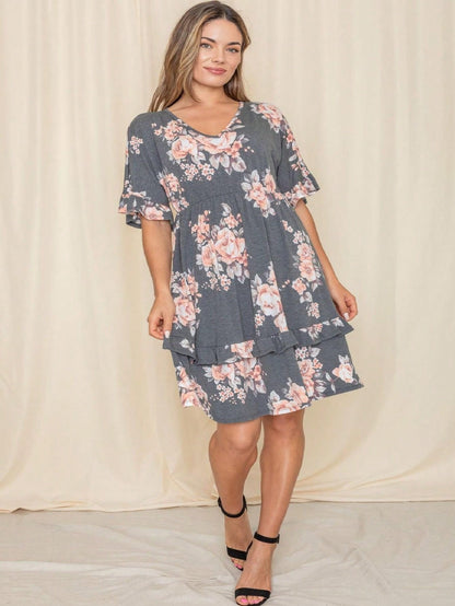 Vintage Boho Navy Pink Yellow White Charcoal Floral Ruffle flutter Trim Midi Dress S-3X
